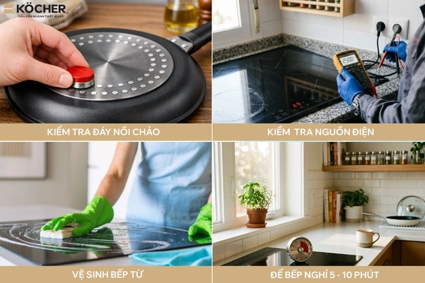 Đảm bảo bạn đang dùng nồi/chảo có đáy nhiễm từ (dùng nam châm kiểm tra) và đặt đúng chính giữa vùng nấu.