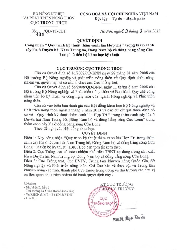 Quy trình canh tác lúa Hợp Trí được Cục Trồng trọt – Bộ Nông nghiệp và Phát triển nông thôn công nhận là tiến bộ khoa học kỹ thuật cấp quốc gia